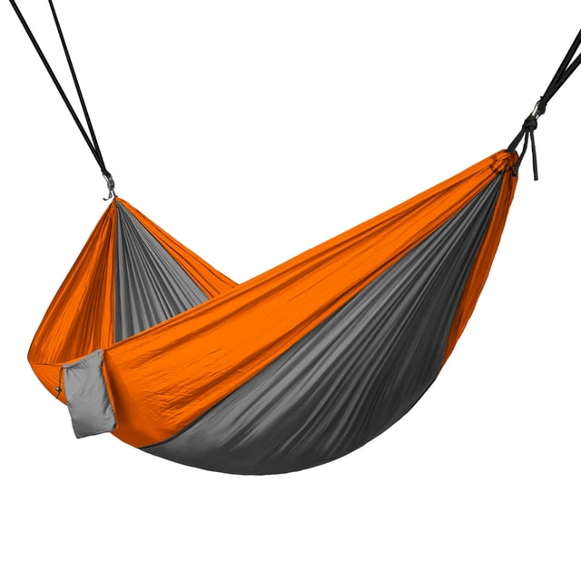 NEH Hammock, a portable 2-person camping hammock in grey and orange, made of durable 210T parachute nylon fabric. The hammock includes pre-attached carabiners, a compact storage bag, and two 7ft ropes for easy setup between trees. Designed for outdoor activities like camping, hiking, and picnics, it supports up to 660lbs and measures 100 inches long by 52 inches wide when unfolded.