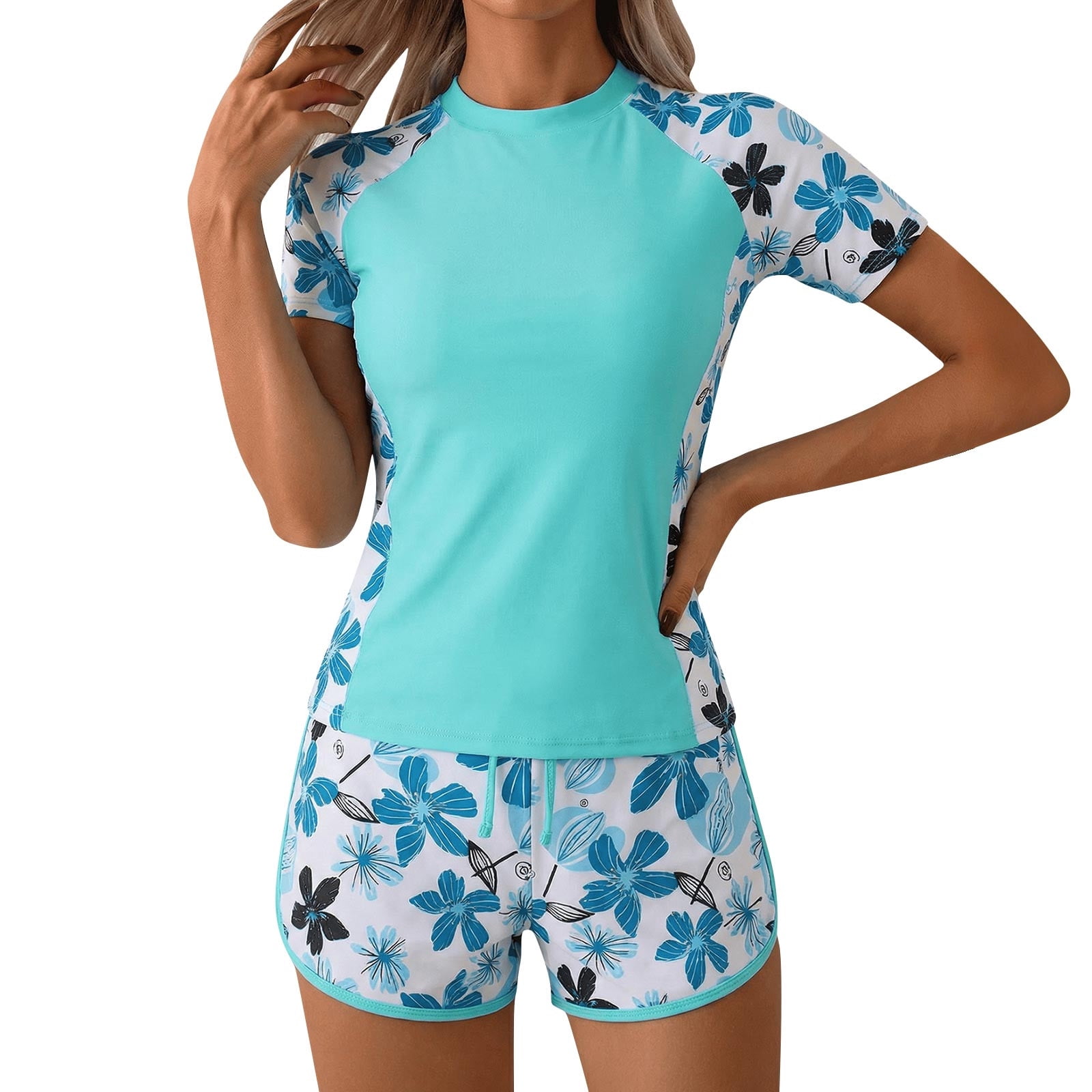 Oplxuo Women's Two Piece Rash Guard Short Sleeve Swim Shirts UPF 50+ Swimsuit with Boyshorts