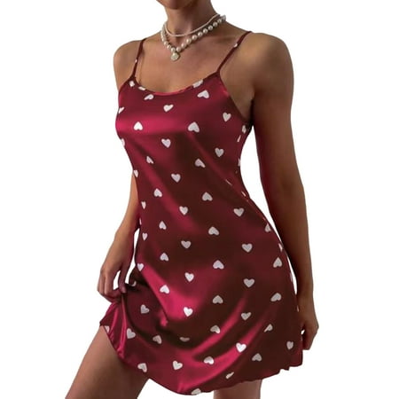 

harmtty Women Nightdress Satin Sleeveless Backless Heart Print Above Knee Seductive Low Cut Spaghetti Strap Women Nightie for Sleeping Wine Red