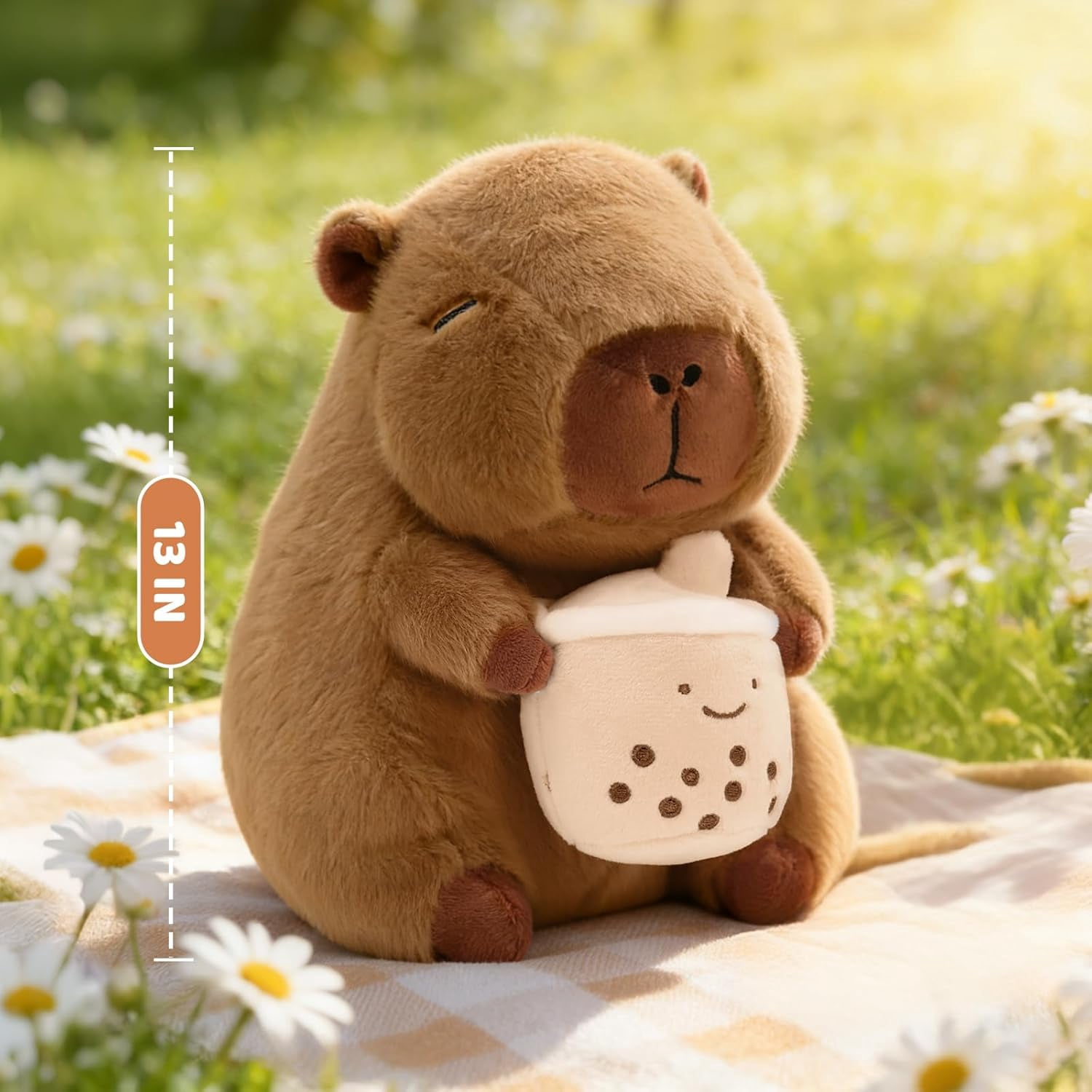 Cute Capybara Plush with Boba - 13-inch Kawaii Capybara Stuffed Animal Pillow Soft Stuffed Plush Toy - Capybara Party Decoration, Kawaii Hugging Gifts for Kids