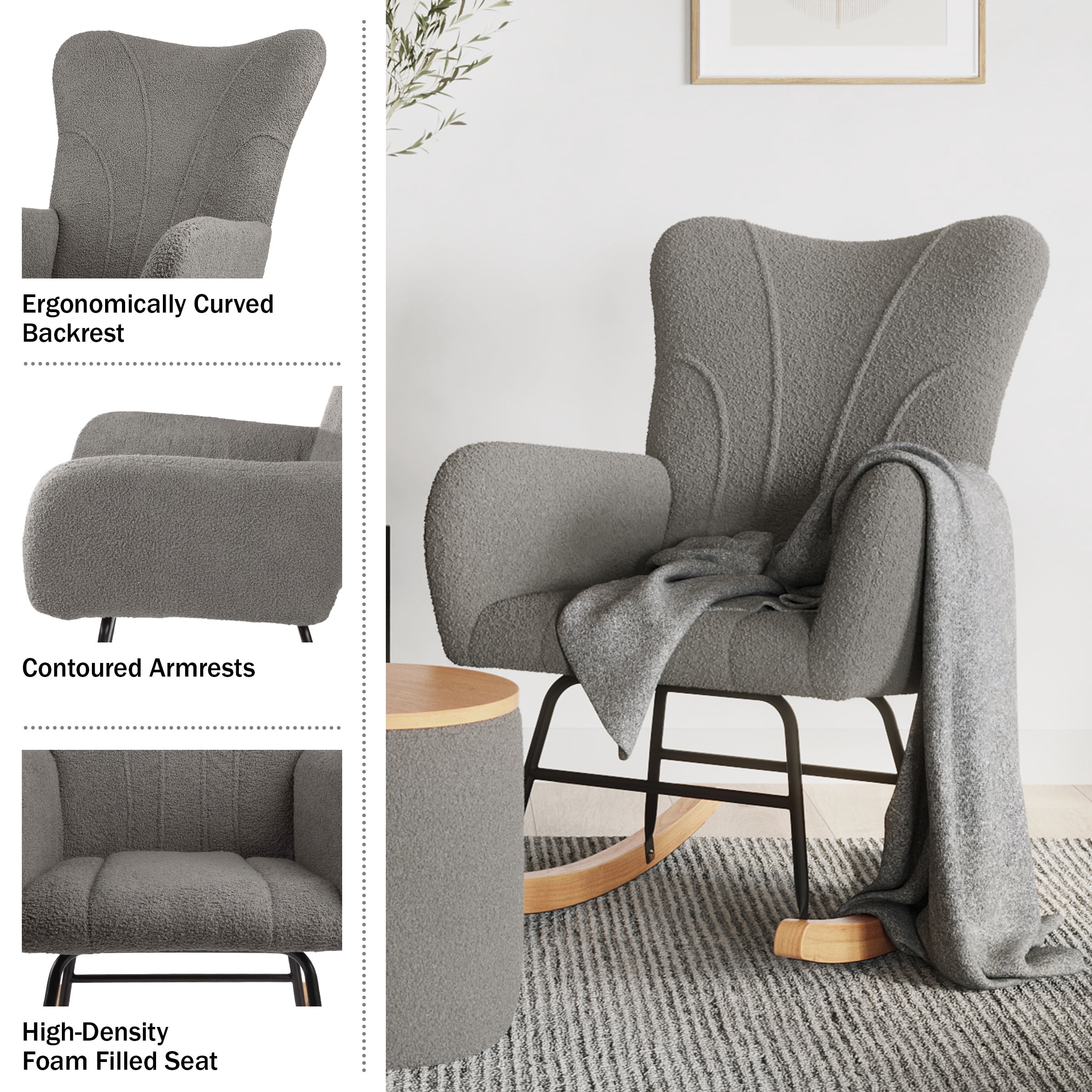 Lavish Home Teddy Upholstered Rocking Chair for Bedroom (Gray)