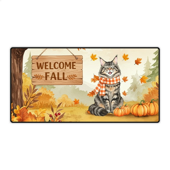 Welcome Fall Maine Coon Cozy Autumn Field Pumpkins Golden Leaves Desk Mat Full Keyboard Mouse Pad Cat Lover Kitten Owner Gifts Large Mousepad - 12013
