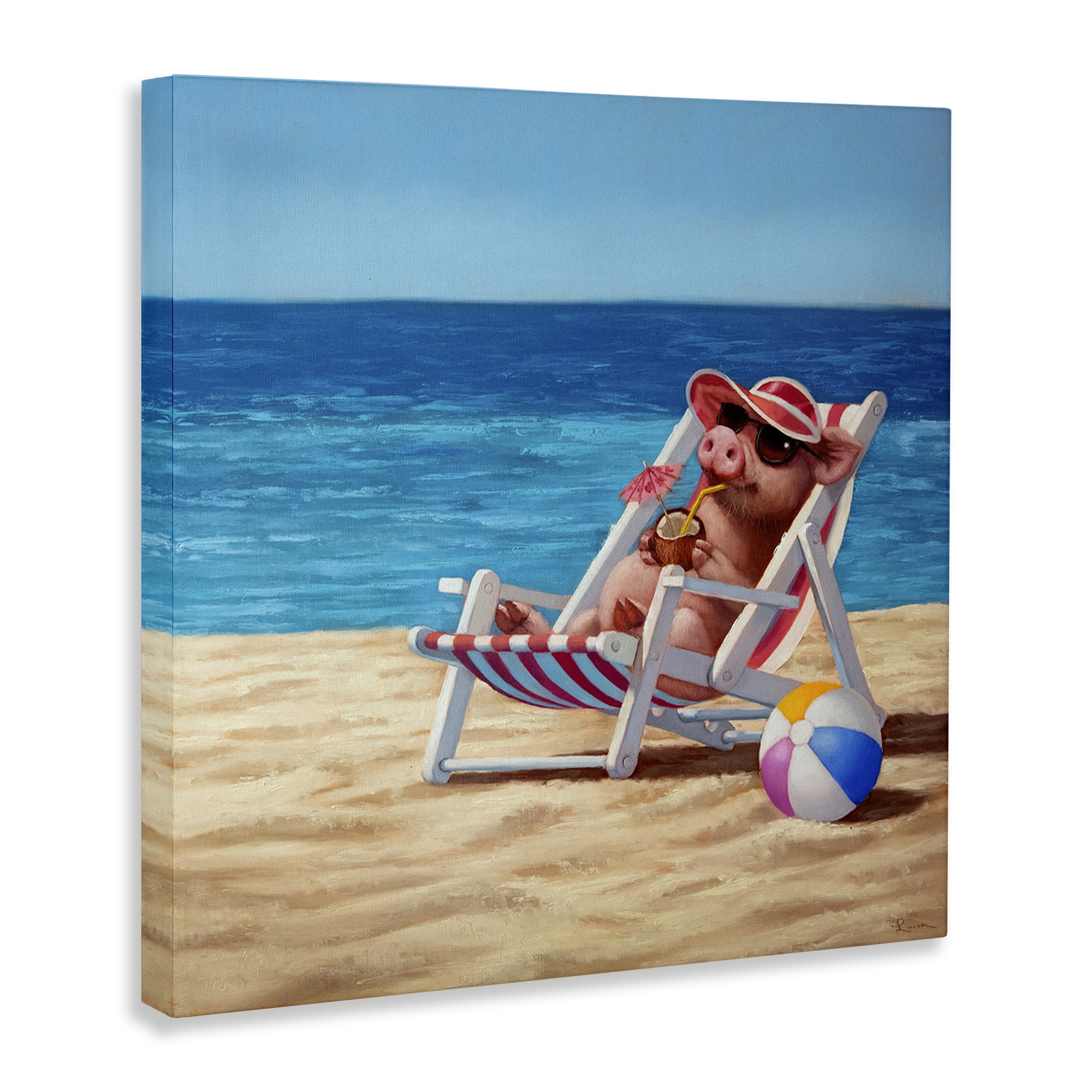 Stupell Industries Pig with Beach Cocktail Novelty Painting Gallery Wrapped Canvas Art Print Wall Art, 17 x 17