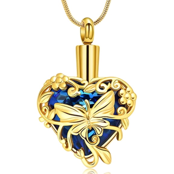 Urn Necklace for Ashes Butterfly Heart Cremation Jewelry for Women Men Birthstone Heart Ash Pendant Human / Pets Memorial Necklace Keepsake Jewelry with Fill Tool