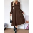 thumbnail image 2 of Pleated Satin Bridesmaid Dress V-Neck Long Sleeve Maxi Dresses for Women Brown L, 2 of 8