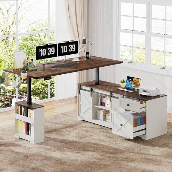 ANPOO 63" Farmhouse L Shaped Electric Standing Desk, Height Adjustable Corner Desk with Power Outlets, Storage Drawers and Adjustable Shelves, Standing Elegant Computer Desks for Home Office, White