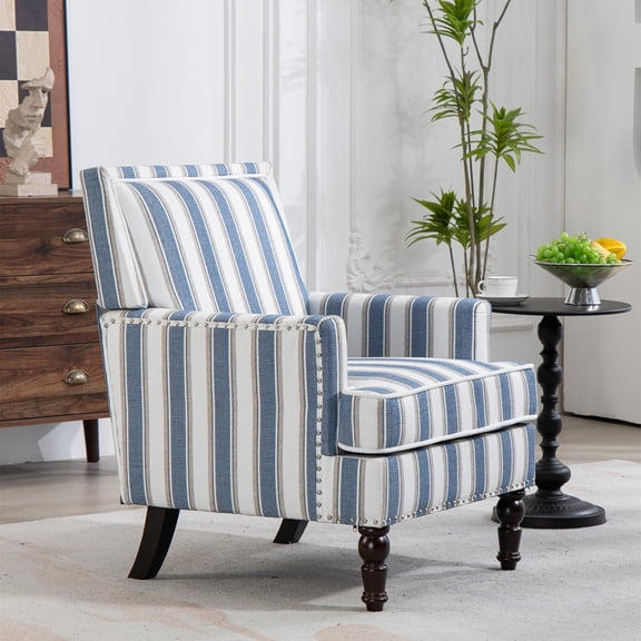 Aukfa Vintage Accent Chair Mid-Century Modern High Back Armchair for Living Room, Nailhead Trim, Cotton, Blue
