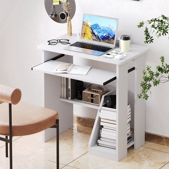 NEWSENDY 29in Computer Desk with Monitor Stand and Keyboard Tray for Small Space, Wood PC Laptop for Bedroom, Writing Table with Shelves for Living room, White