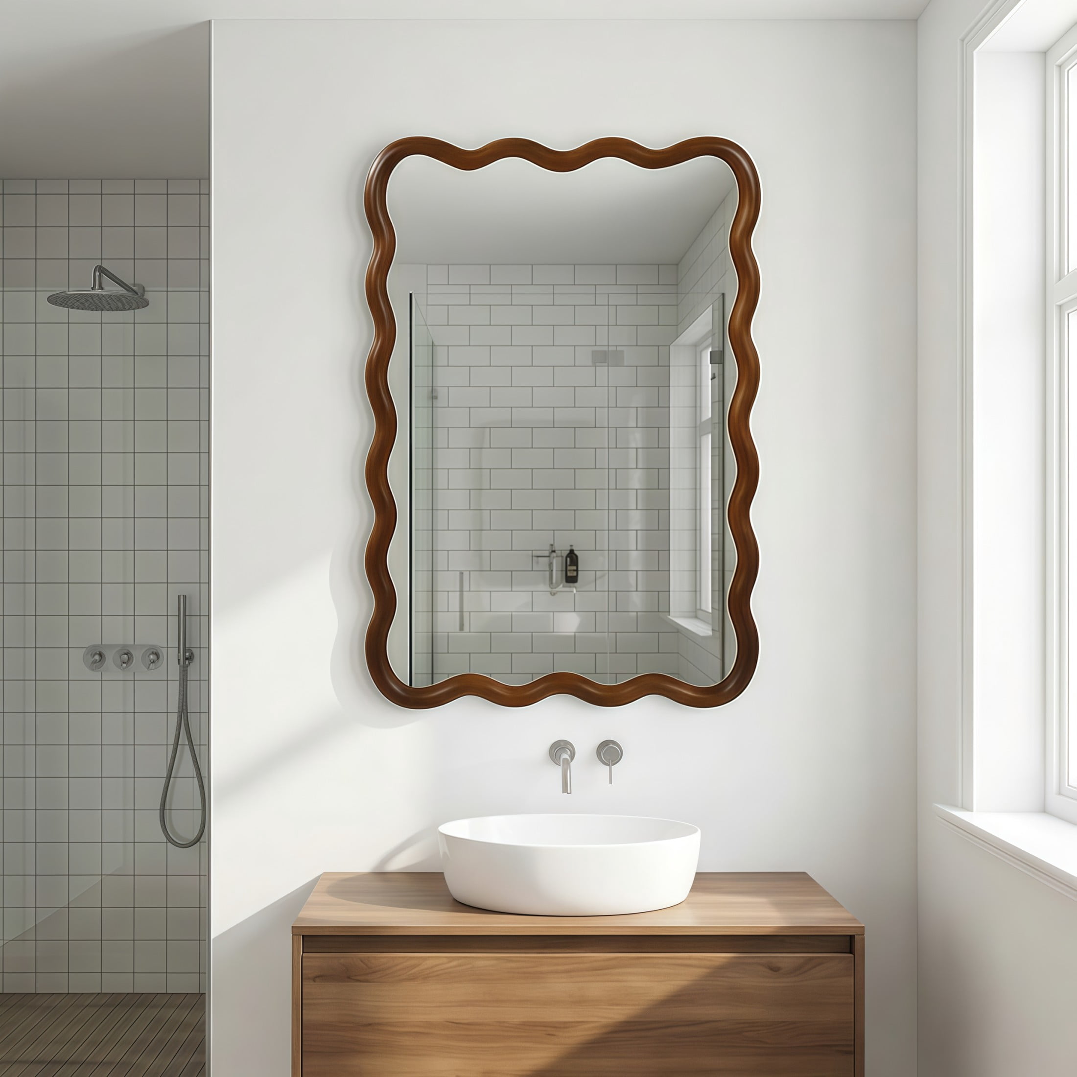 Noble House 24"x36" Wavy Rectangle Wall Mirror, Solid Wood Frame Decorative Accent Mirror for Entryway/Bathroom, Walnut