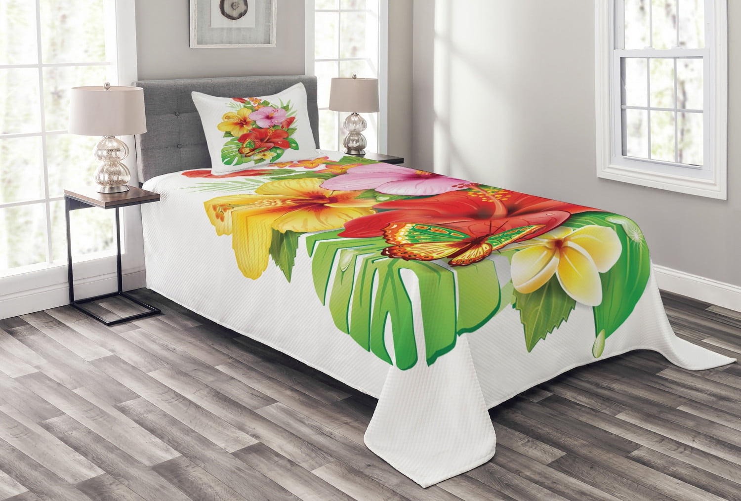 Hawaiian Bedspread Set Twin Size, Bouquet of Colorful Hibiscus Flowers