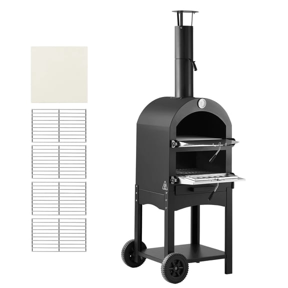 Portable Wood-Fired Pizza Oven, 12-Inch Outdoor Pizza Maker with Removable Wheels, 2-Layer Design for High-Temp BBQ&Grilling, Reaches 1000°F