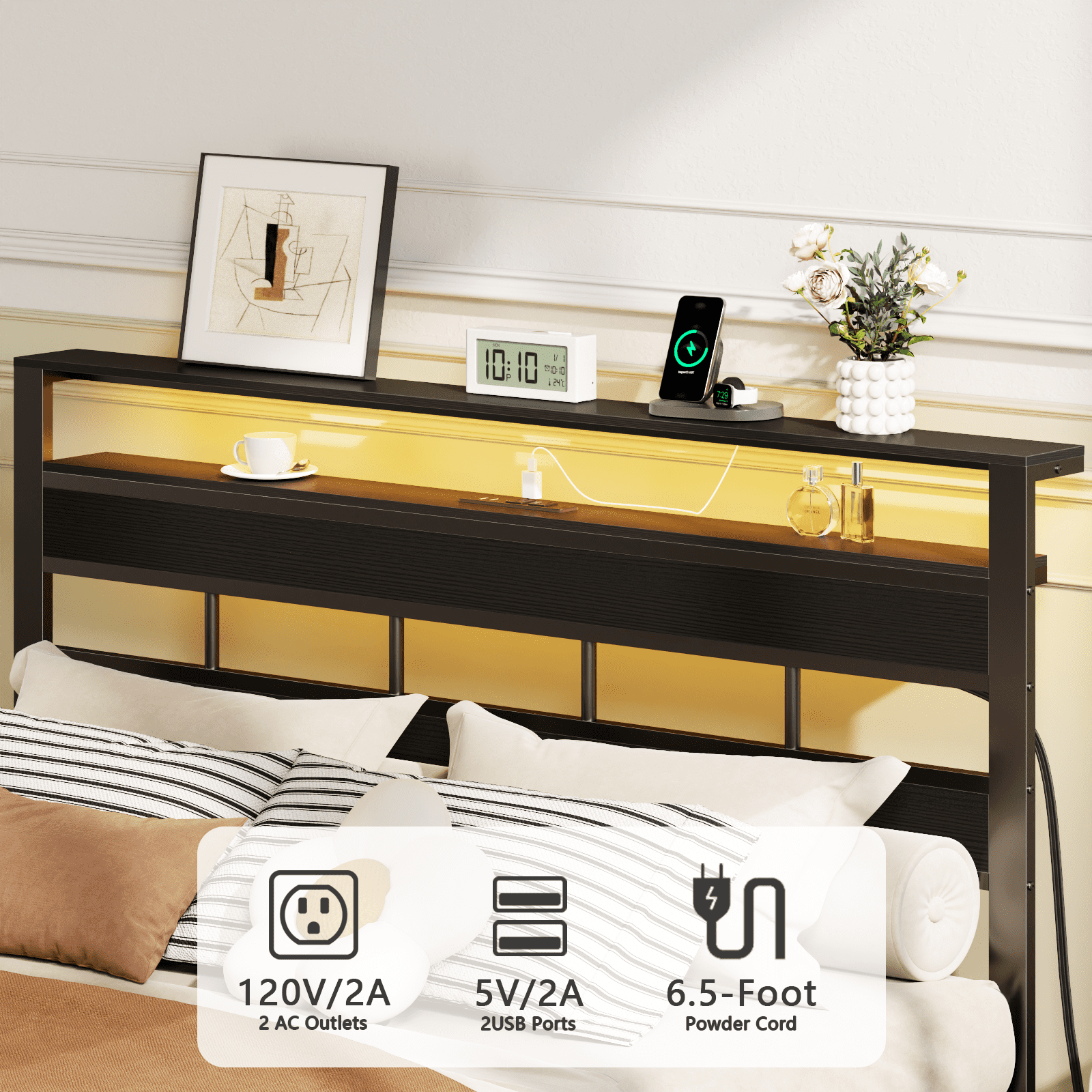 Glozzt Queen Size Bed Frame with Upholstered Storage Headboard and LED Light, Platform Bed with Metal Slats, Noise Free Design