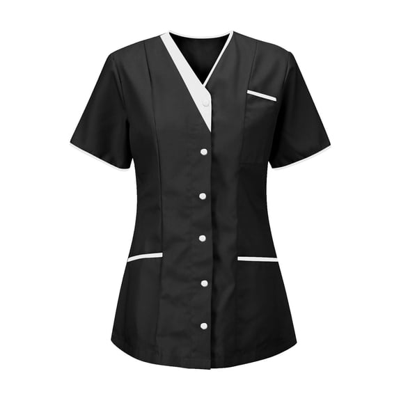 Wutalume Women's Quick Dry Fabric Solid Color V-Neck Short Sleeve Scrub Top, Healthcare and Medical Work Uniform,Black L