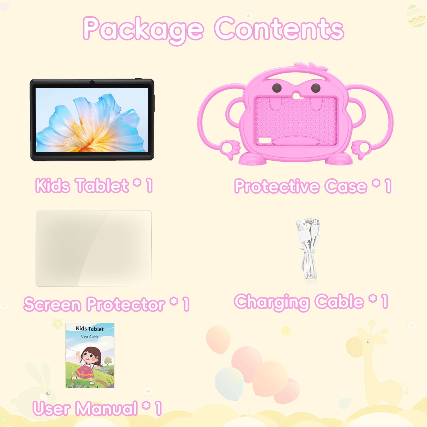 Kids Tablet, 7 inch Android Tablet for Kids, 6GB RAM 32GB ROM Quad-Core Toddler Tablet with Shockproof Case, Bluetooth, WiFi, Parental Control, 2MP+2MP Dual Camera, GPS, Games