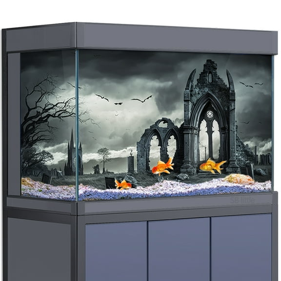 Aquarium Background Sticker - Ruins Arch Tombstone Tower HD Poster Decoration - for 5-60 Gallon Fish Tanks Terrarium