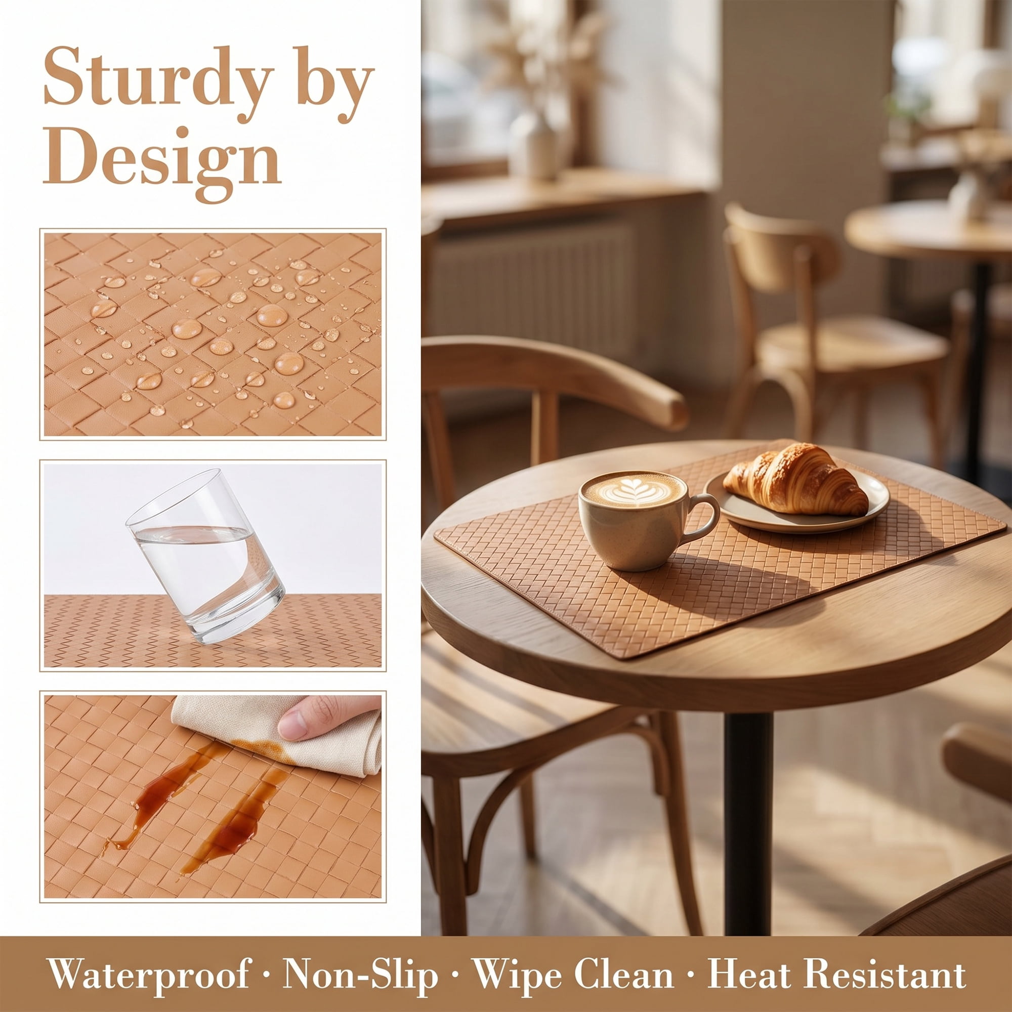 Unique Bargains Set of 6 Leather Placemats for Kitchen Apricot 17*12in