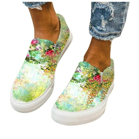 

JINMGG Sneakers for Women Plus Clearance Women Round Toe Slip Floral Print Shoes Low Top Flat Canvas Shoes Casual Sneaker Green 35