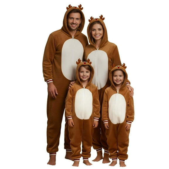 Matching Christmas Pjs for Family Reindeer Print Onesie Pajamas Hoodie One Piece Xmas Sleepwear Outfits