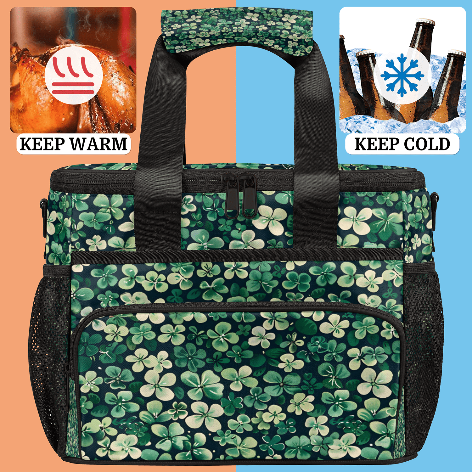 Herdesigns Happy St Patrick's Day Shamrocks Floral Leaves Large Lunch Box for Adults Women Men with Adjustable Shoulder Strap, Insulated Reusable Lunch Bag Leakproof Cooler Tote Bag