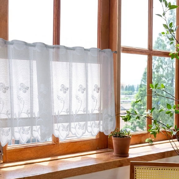 Boho Lace Small Window Curtain Valance Embroidered Solid Color Farmhouse Light Filtering Small Window Tier for Kitchen Living Room,1 Piece (White,29" W x 18" L)