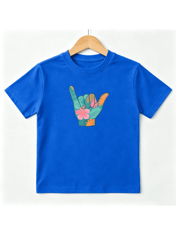 Tropical Shaka Hand Sign Aloha Boys Graphic Tees Hawaiian Beach Kids T-Shirt 100% Cotton Short Sleeve Tops Ages 4-13Y