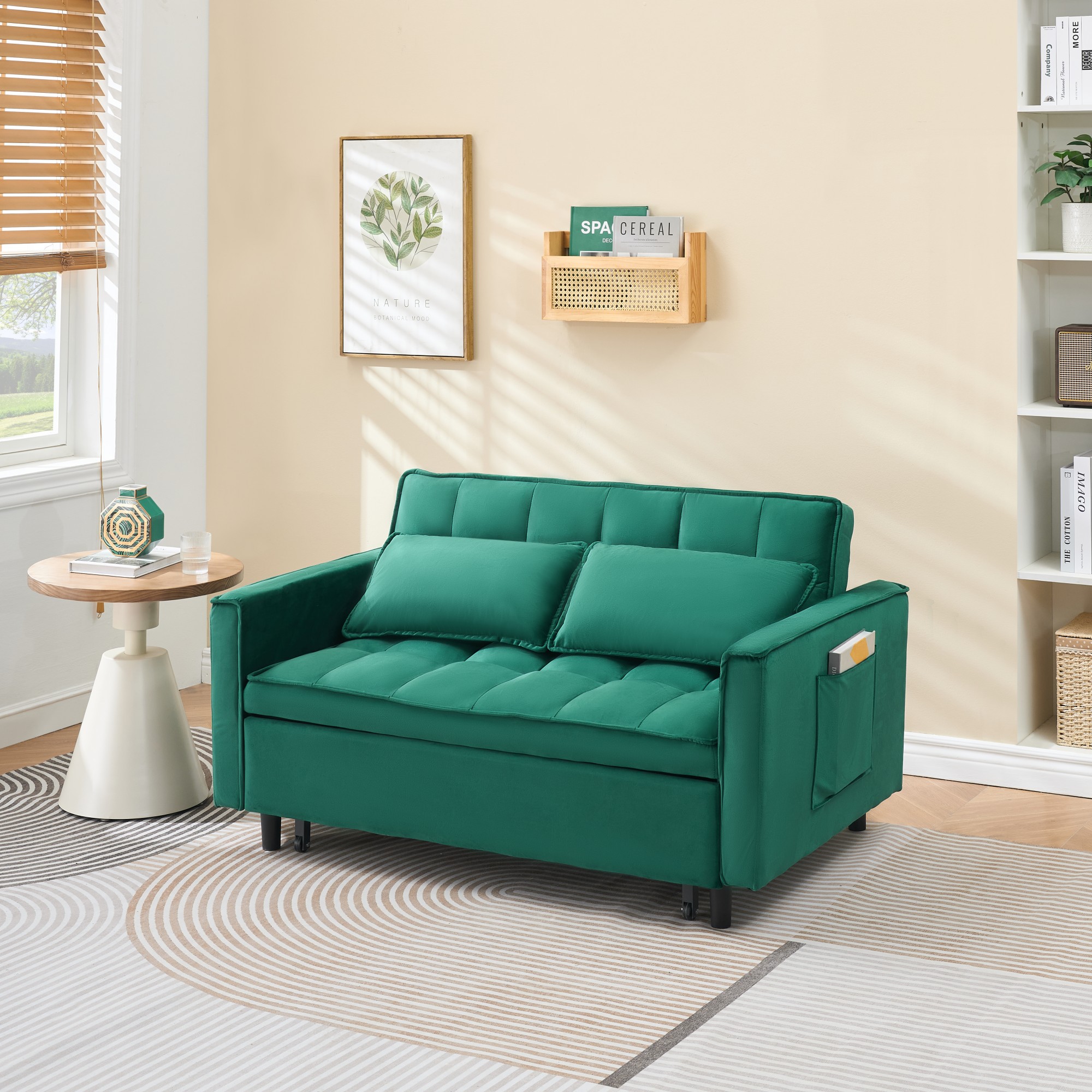Gewnee 55''3 in 1 Convertible Modern Pull Out Couch Bed,Adjustable Backrest,Velvet Loveseat Futon Sofa with Pillows & Pockets for Living Room,Apartment.(Green)