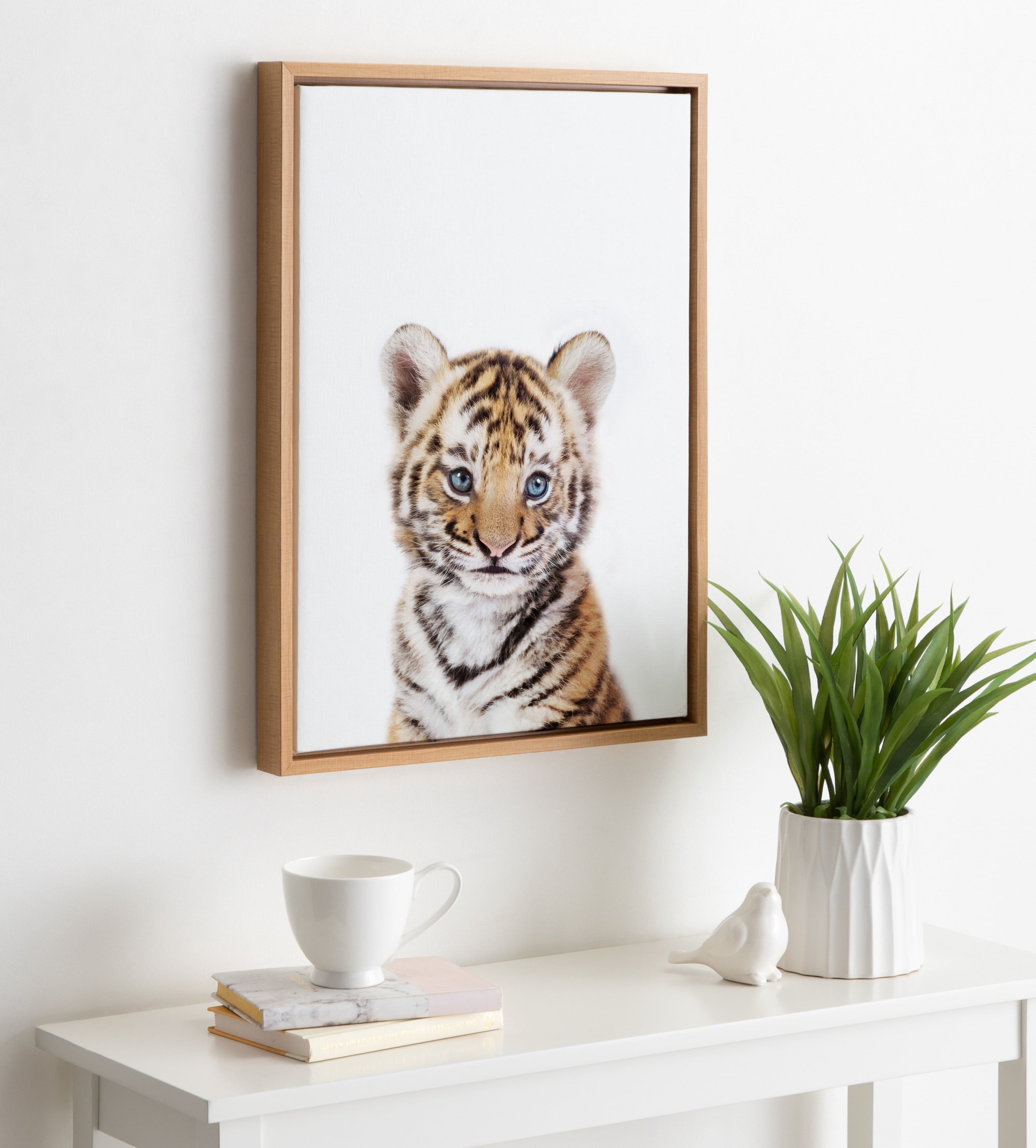 Kate and Laurel Baby Tiger Portrait Framed Canvas Wall Art By Amy Peterson, 18x24 Natural, Cute Baby Animal Home Decor