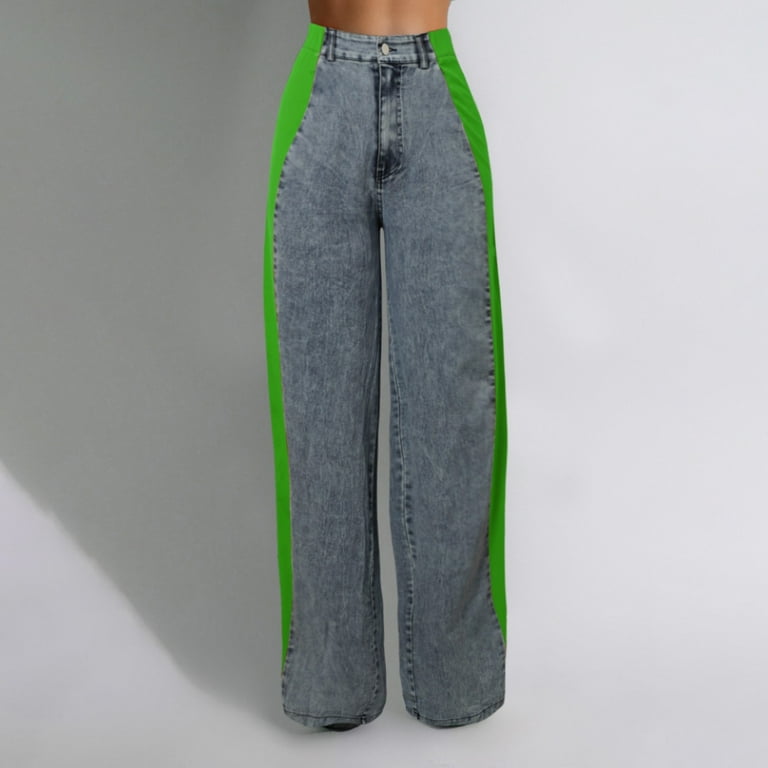 Women s Jeans with Patchwork Stripes High Waist Loose Denim Color Block Jean Straight Wide Leg Pants
