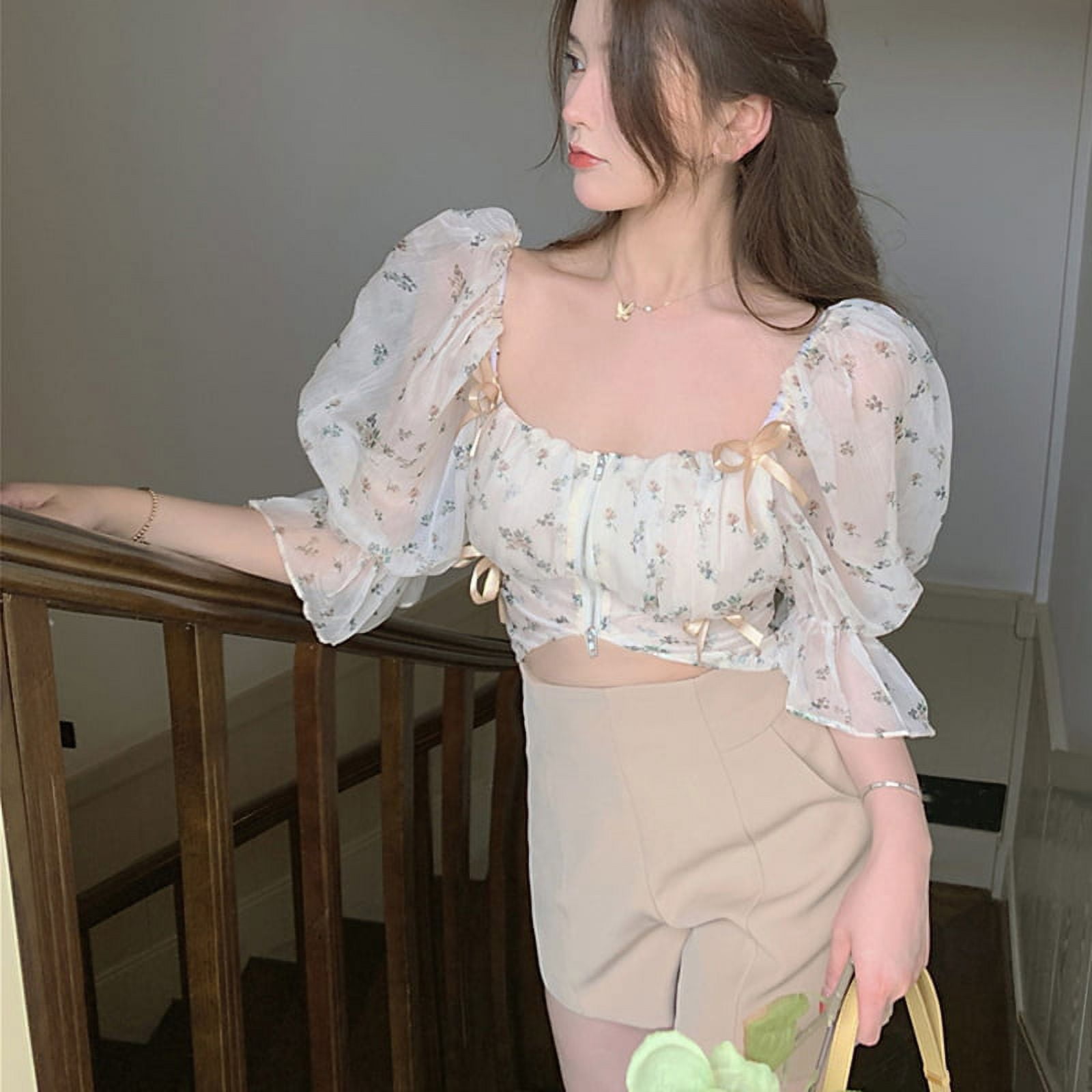 SAYOO Female Crop Tops, Square Neck Puff Sleeve Blouse Floral