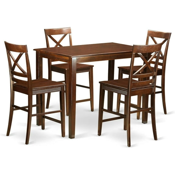 HomeStock 5-Piece Counter Height Table and Chair Set, Mahogany Finish, 30" x 48" Table with 4 Wooden Stools with Wood Seats, 135 lbs