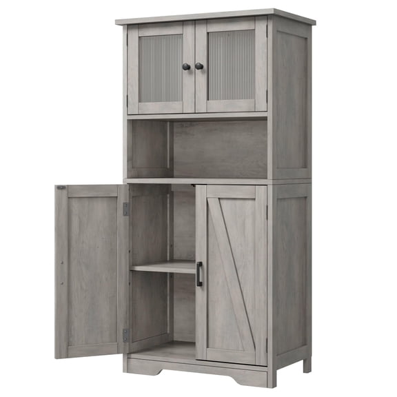 50" Tall Bathroom Cabinet, Freestanding Bathroom Storage Cabinet with 4 Doors and Adjustable Shelves, Cupboard Modern Storage Cabinet for Kitchen, Pantry, Living Room, Rustic Gray