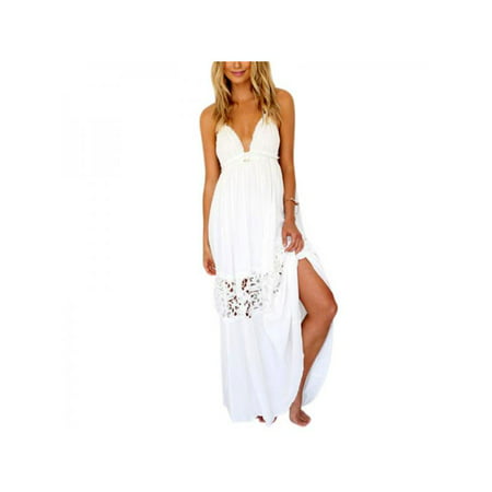 Lavaport Summer Women Lace Backless Halter Long Maxi Dress Party Beach Boho Sundress