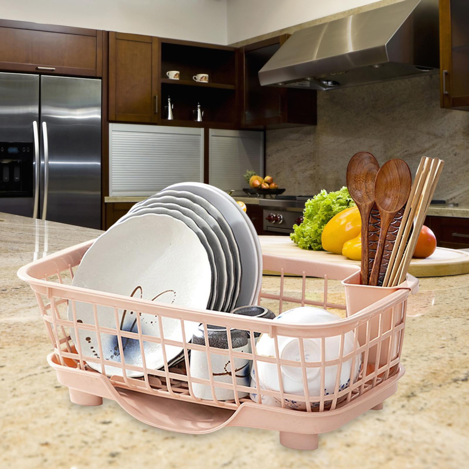 KEM 1Tier Dish Rack Kitchen Utensil Sinkware,Dish Drying rack with water  Outlet Mini Tableware Drying Table (Light Pink)