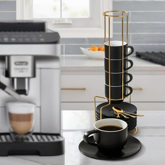 Porcelain Espresso Cups Set of 6 with Saucers, Spoons & Metal Stand - 3 Oz Demitasse Coffee Cups for Lungo, Double Espresso