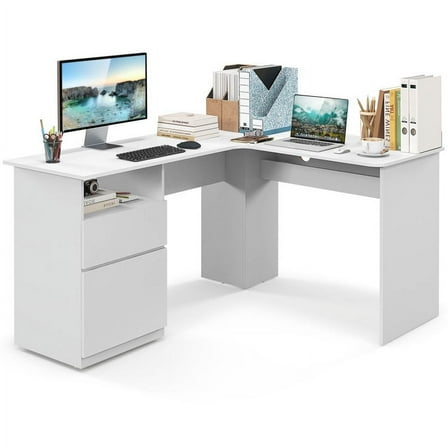 YYAo Sturdy Computer Workstation,L-Shaped Corner Computer Desk Writing Table,L-Shaped Computer Desk with Letter File Drawer-White