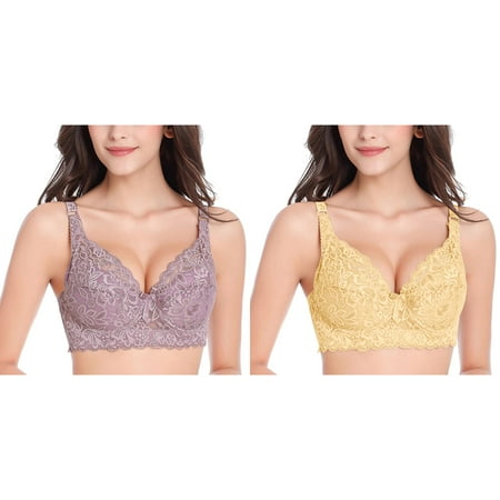 2-Pack Womens Lace Gathered Bra Straps Cup Underwear (no Underwire) Sports Bra with Support Bras for Women Sports Sports Bra with Non Removable Pads Womens Bras Push up Front Closure Bra s for