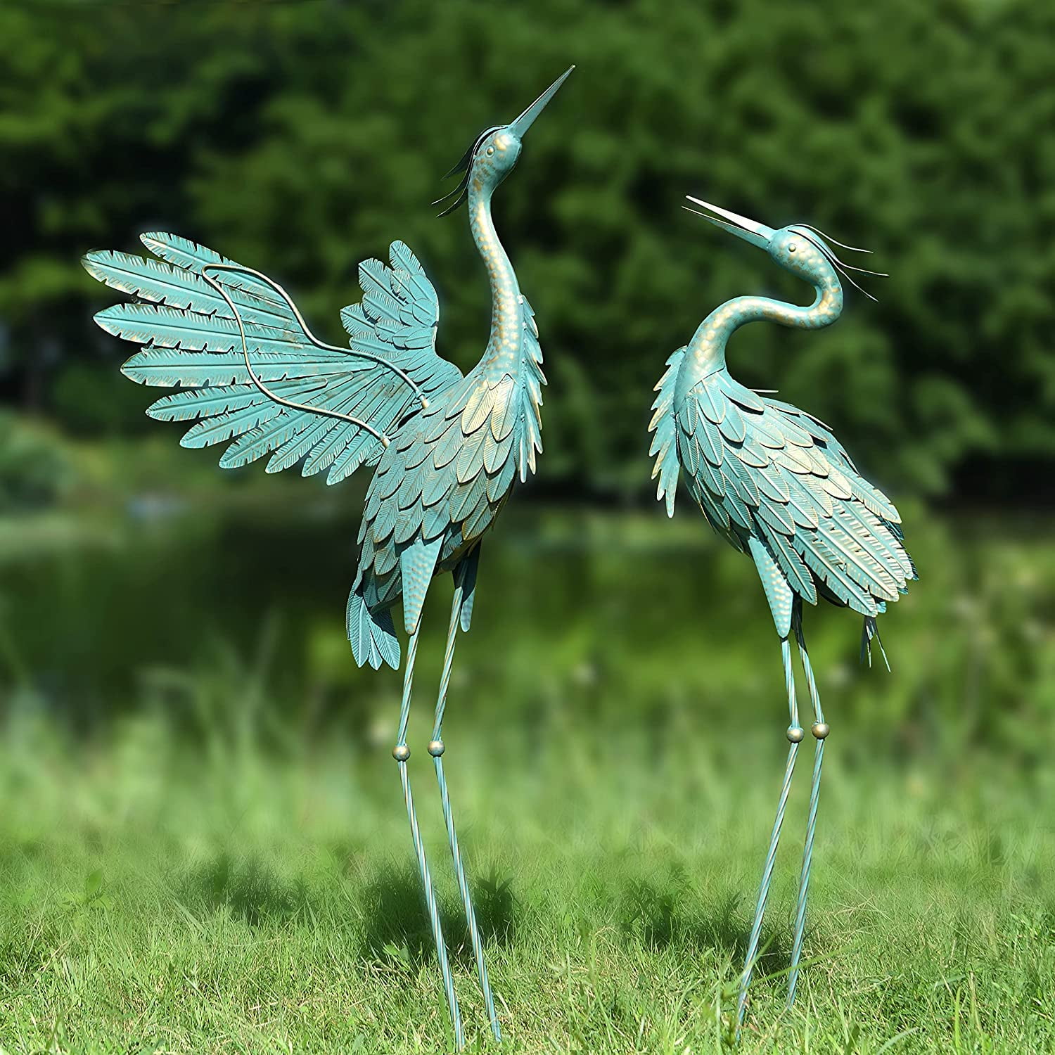 Metal Crane Garden Statue Decor, Bird Garden Sculpture & Statues, Outdoor Decoration for Yard Patio Lawn Backyard Pool, 37-42 inch Set of 2