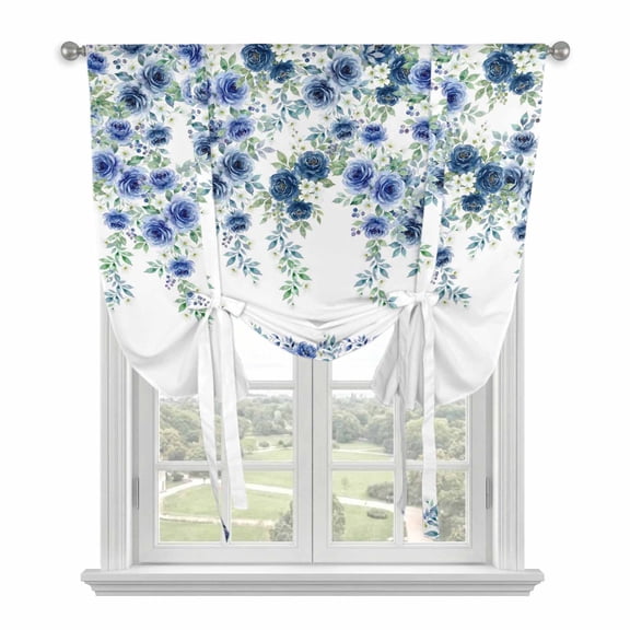Blue Roses Balloon Curtains for Windows, Bedroom Curtains 54 Inch Length, Spring Floral Elegant Pastoral Flowers Botanical Tie Up Curtains Panels Thermal Insulated Bathroom Curtains Window 42"x54"