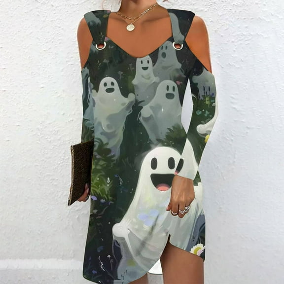 WXLWZYWL Ladies Evening Dresses Casual Halloween Printed Dress Long Sleeve Strapless Dress Fashion Round Neck Suspender Off Shoulder Dress