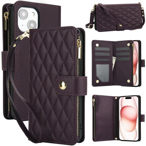 Phone Case for Apple iPhone 14 Plus, Premium iPhone 14 Plus Case with Wallet, Card Holder, Coin Zipper Pocket Shockproof Flip Cover Stand with Wrist Strap & Detachable Shoulder Strap,Darkpurple