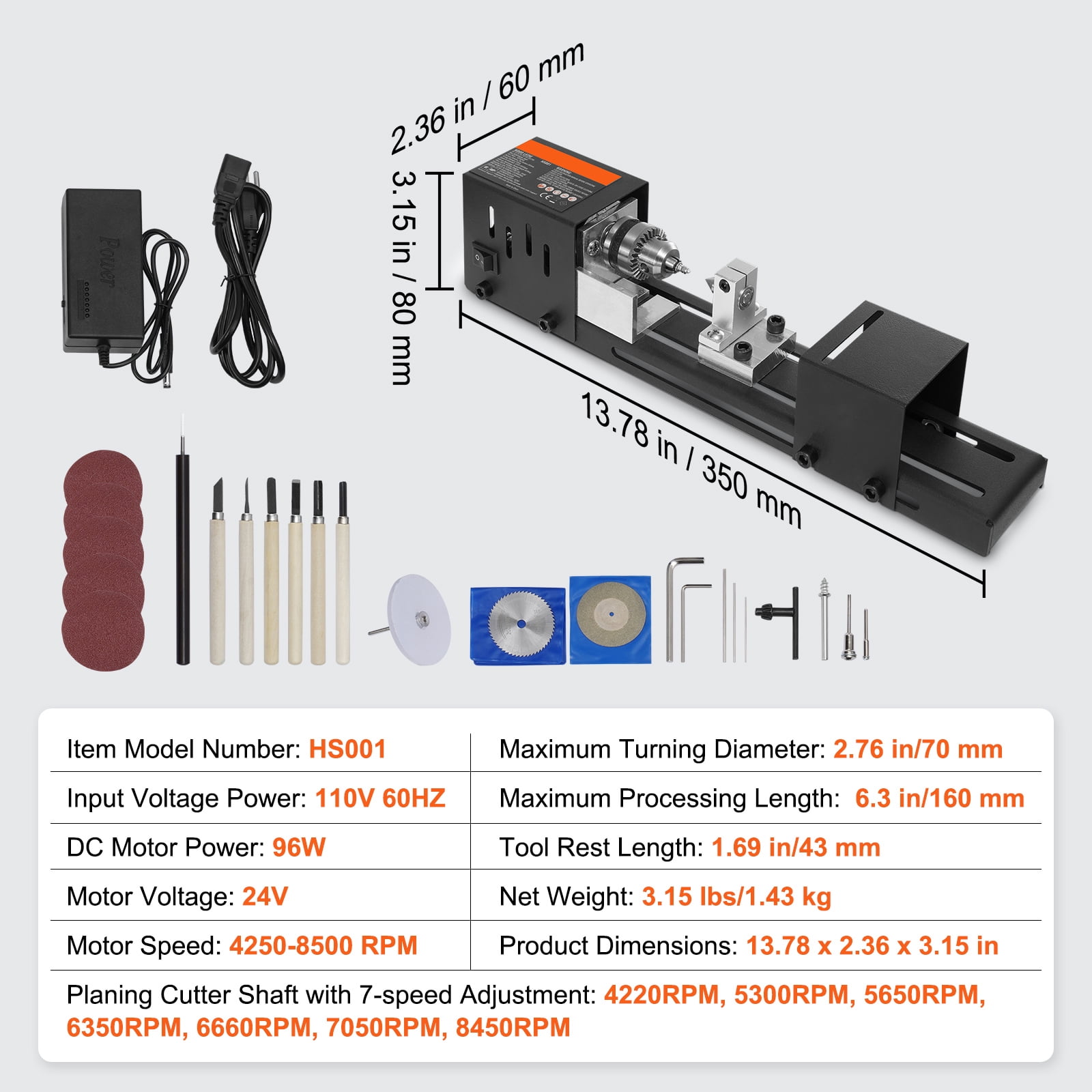 KFFKFF Small-Scale Lathe Device, Measures 2.76 x 6.3 inches, Powered by 24VDC 96W, Comes with Lathe Equipment Extras, Boasts 7 Speed Settings Varying between 4220 to 8450 RPM