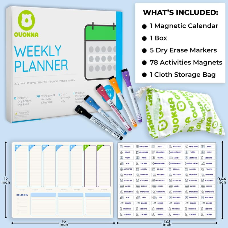QUOKKA Magnetic Weekly Planner for Kids - Gift Reward Chore Chart Calendar
