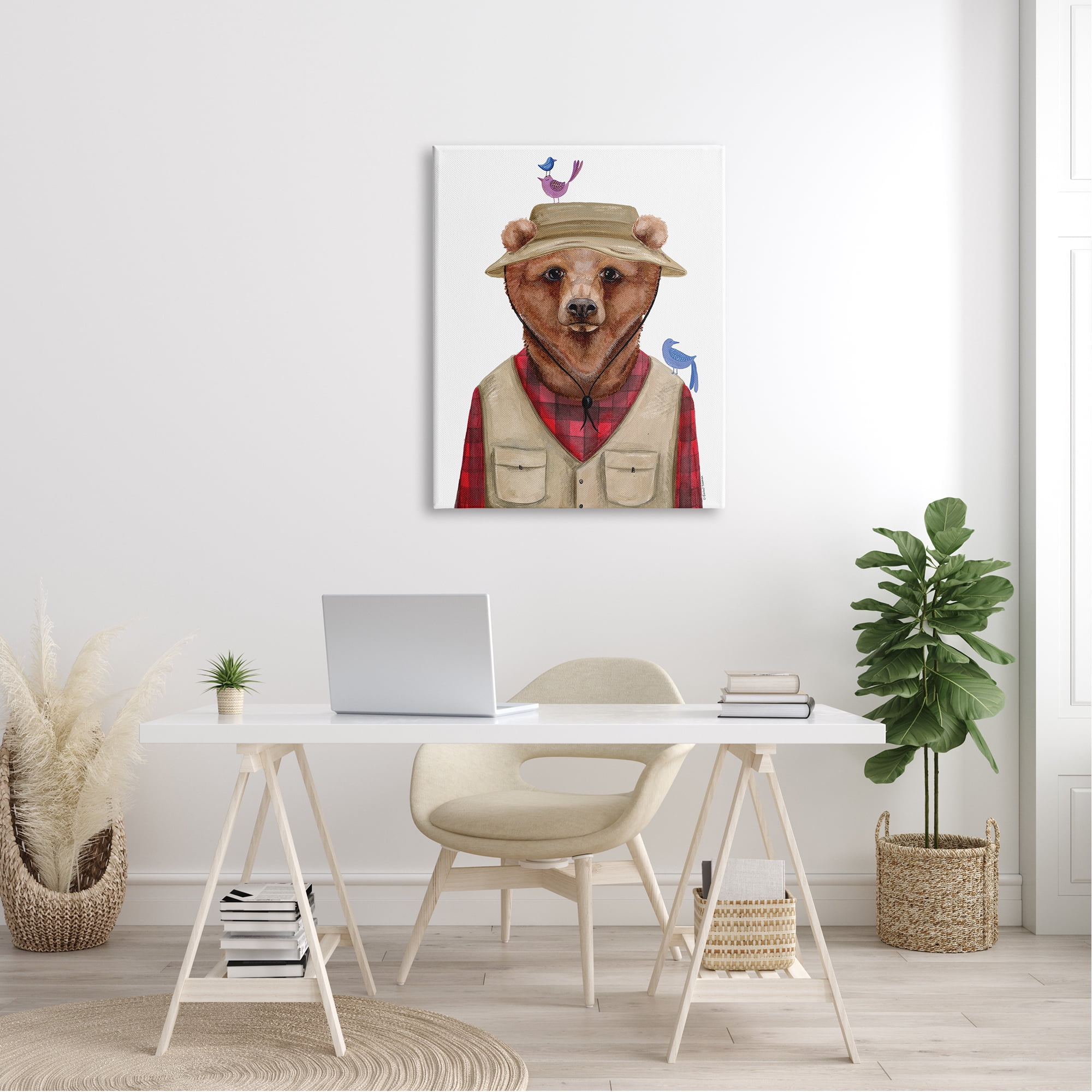 Stupell Industries Red Tartan Bear Camping Gear Small Birds Canvas Wall Art, 30 x 40, Design by Rachel Nieman