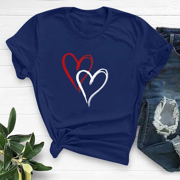 SOOMLON Valentine's Day Shirts for Women Lover Valentines Gift Tunic Short Sleeve Round Neck Shirts Funny Love Heart Graphic Tees Fashion Holiday Outfits 2025 Blue XL