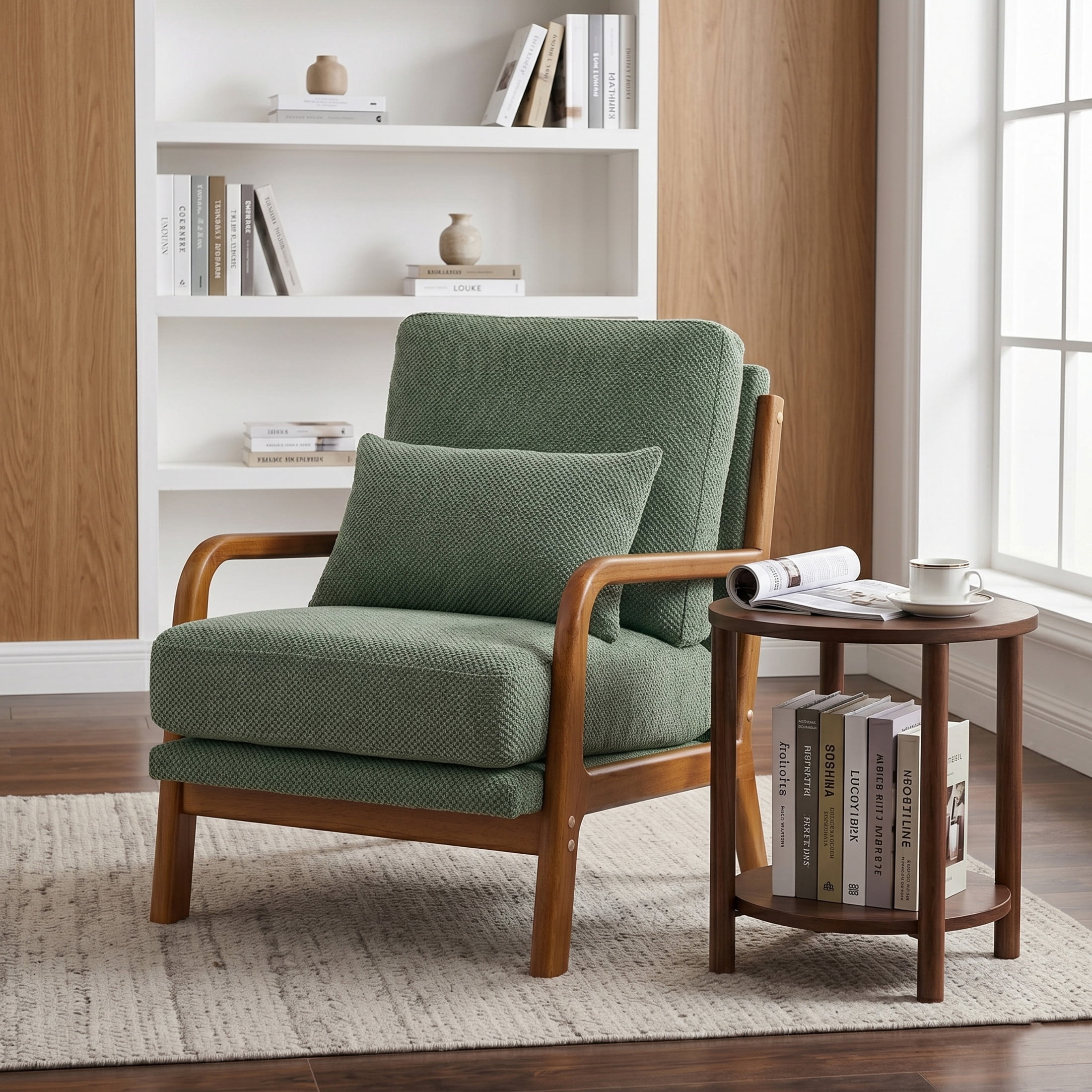 Noble House Mid-Century Modern Lounge Chair, Upholstered Accent Armchair with Solid Wood Frame, Dark Green