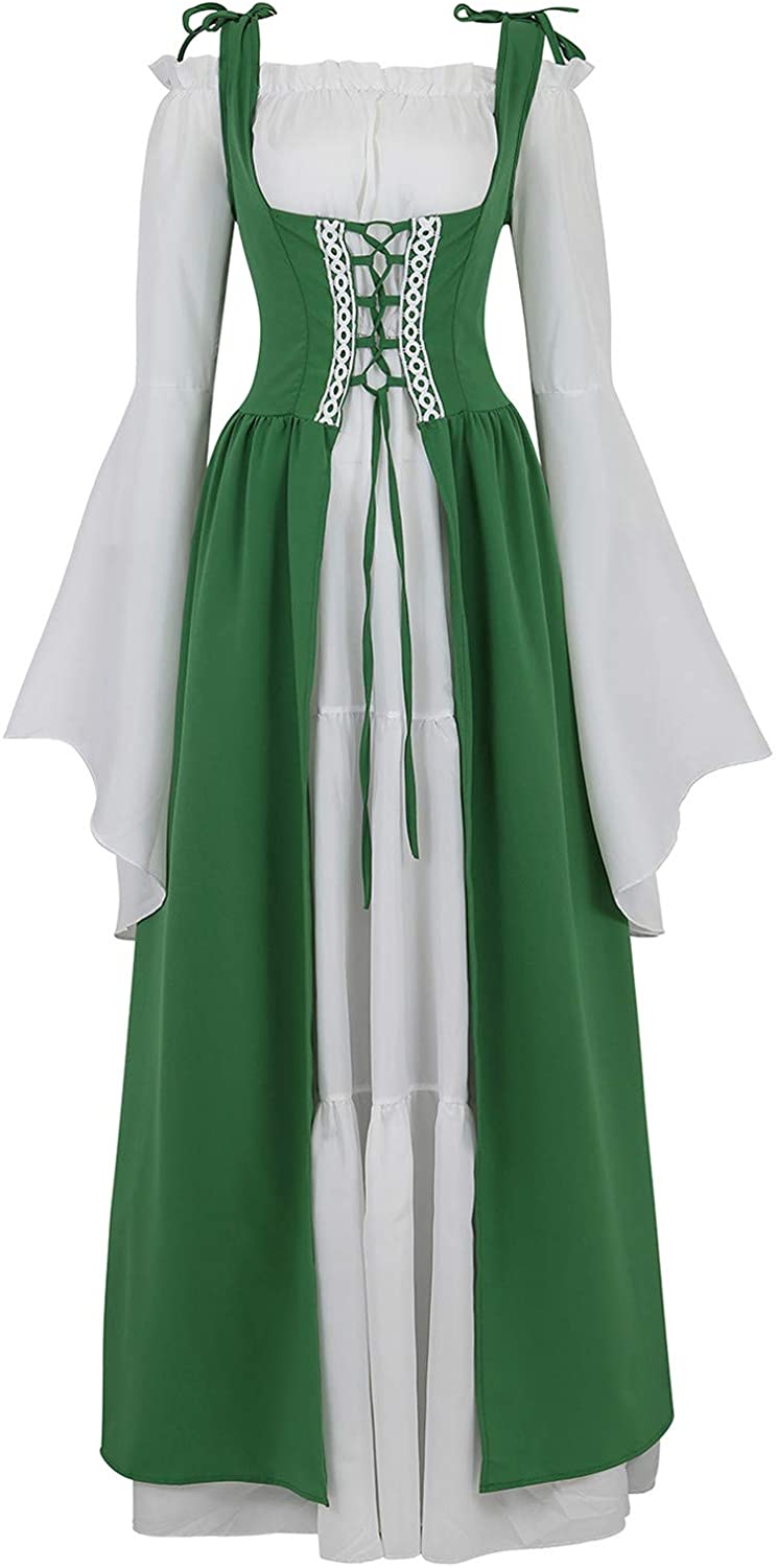 Womens Renaissance Cosplay Costume Medieval Irish Over Dress and Chemise Boho Set Gothic High Waist Gown Dress