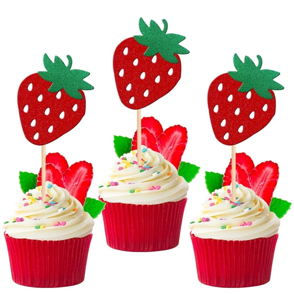 12 Pack Red Glitter Strawberry Cupcake Toppers, Picks for Summer Fruit Themed Party, Birthday, Baby Shower Cake Decorations Supplies
