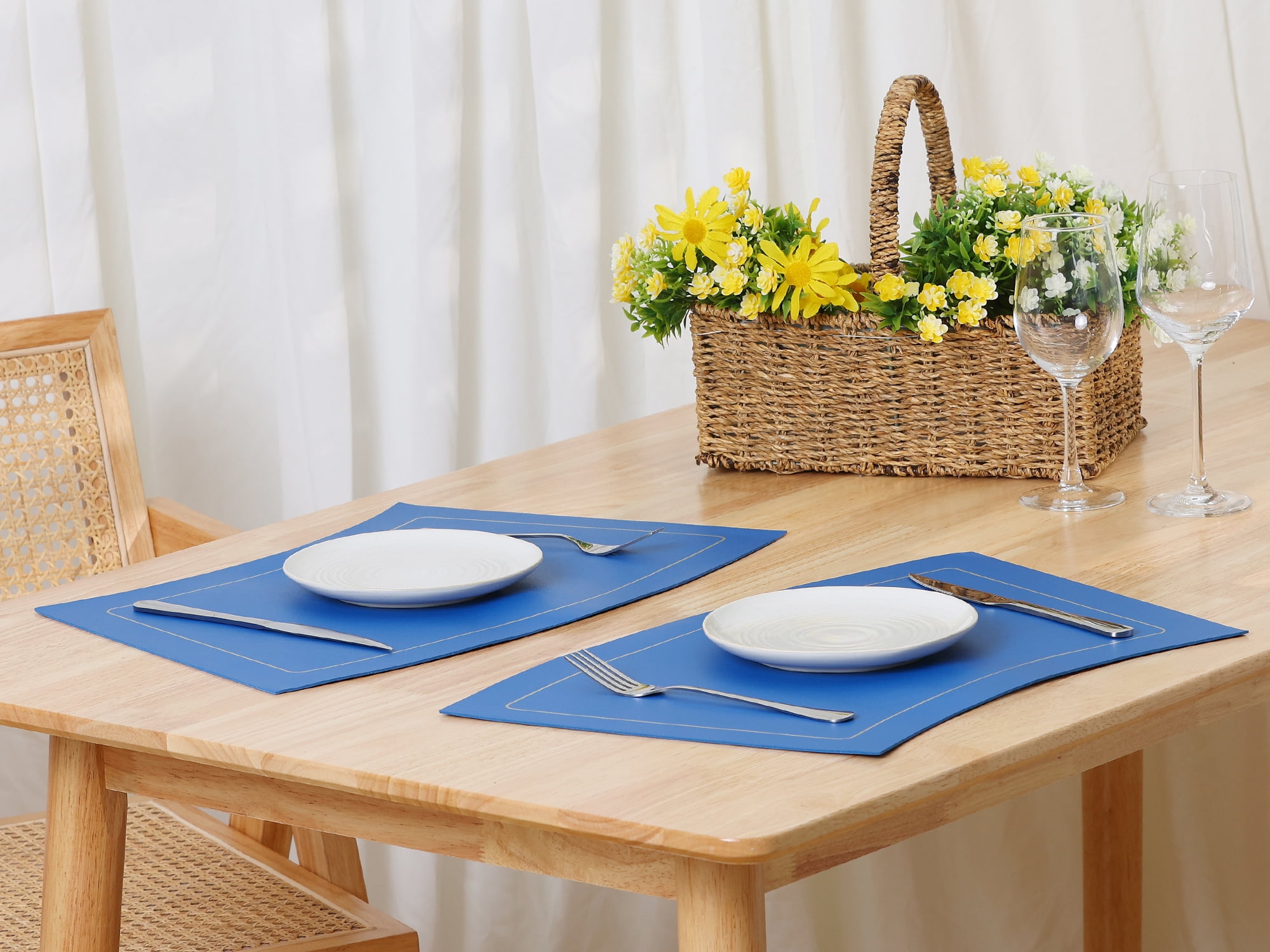 Unique Bargains Set of 6 Wedge Faux Leather Heat Resistant Wipe Clean Round Table Mats Blue