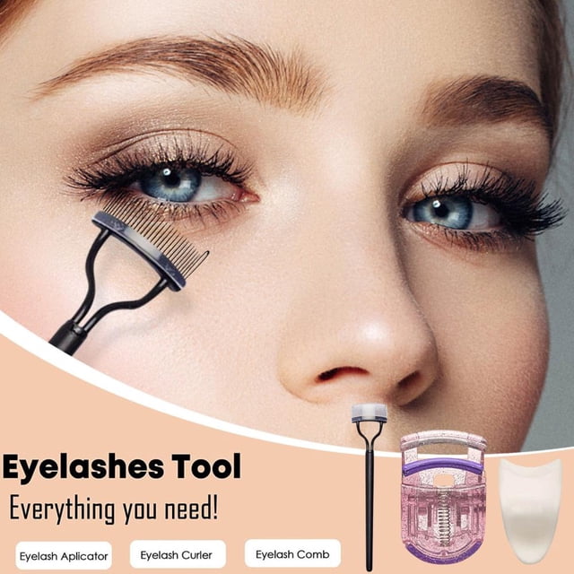 Feltree 3 in 1 Eyelash Application Tool Kit | Eyelash Separator Metal Teeth Mascara Comb Portable Curler and Applicator Set Tweezers Extensions Clips Eyelashes