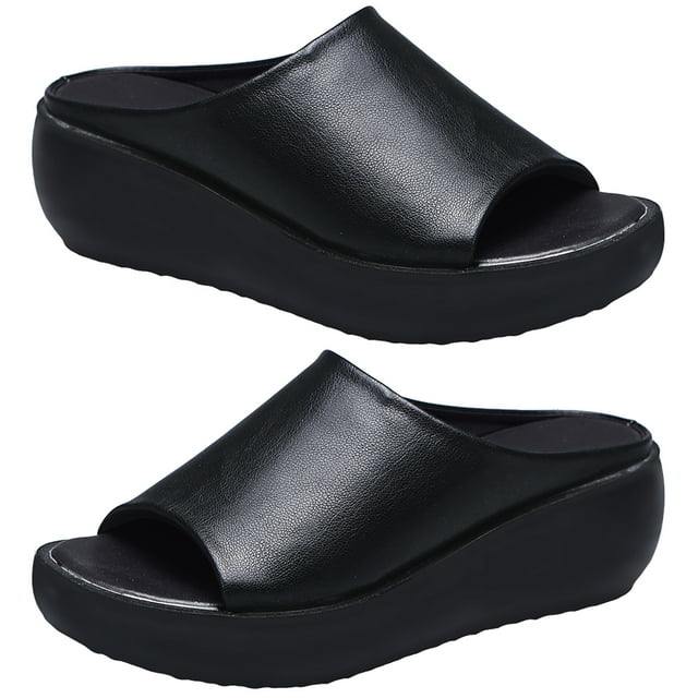 Mujer Étnico Salir Tacón Cuña Boca Pescado Chanclas Plataforma Suela Gruesa Sandalias Retro (Negro 36)